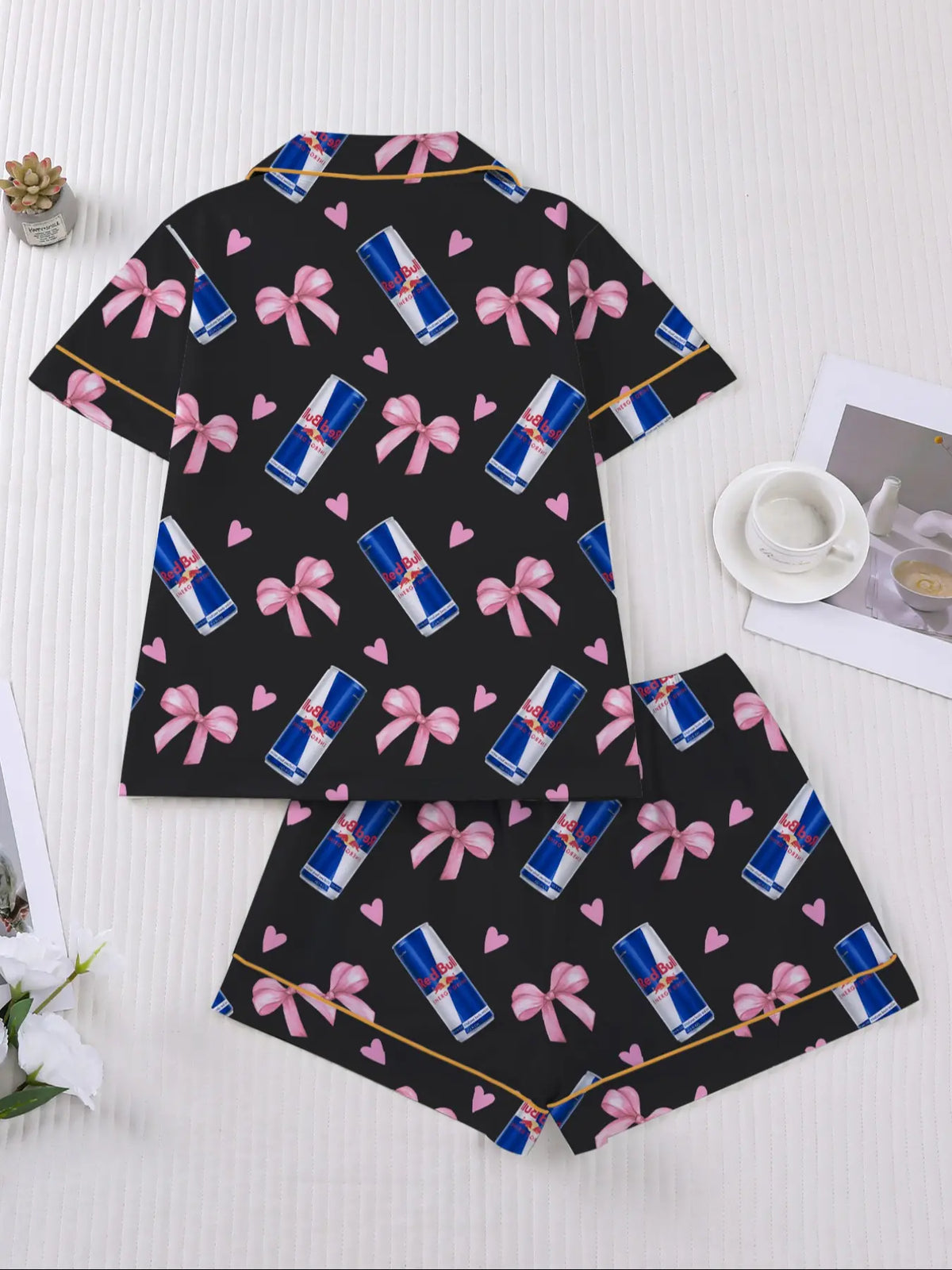 Women's Heart Bow Print Sleepwear Set, Short Sleeve Button-Up Top & Elastic Shorts, Casual Home Wear, Party
