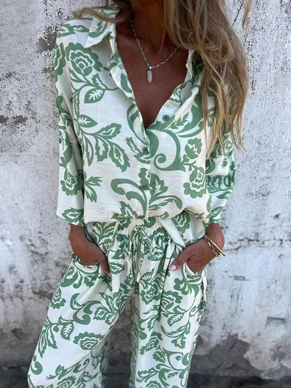 Women's Fashion Two Piece Printed Lapel Button-Down Shirt and Wide-Leg Pants Set