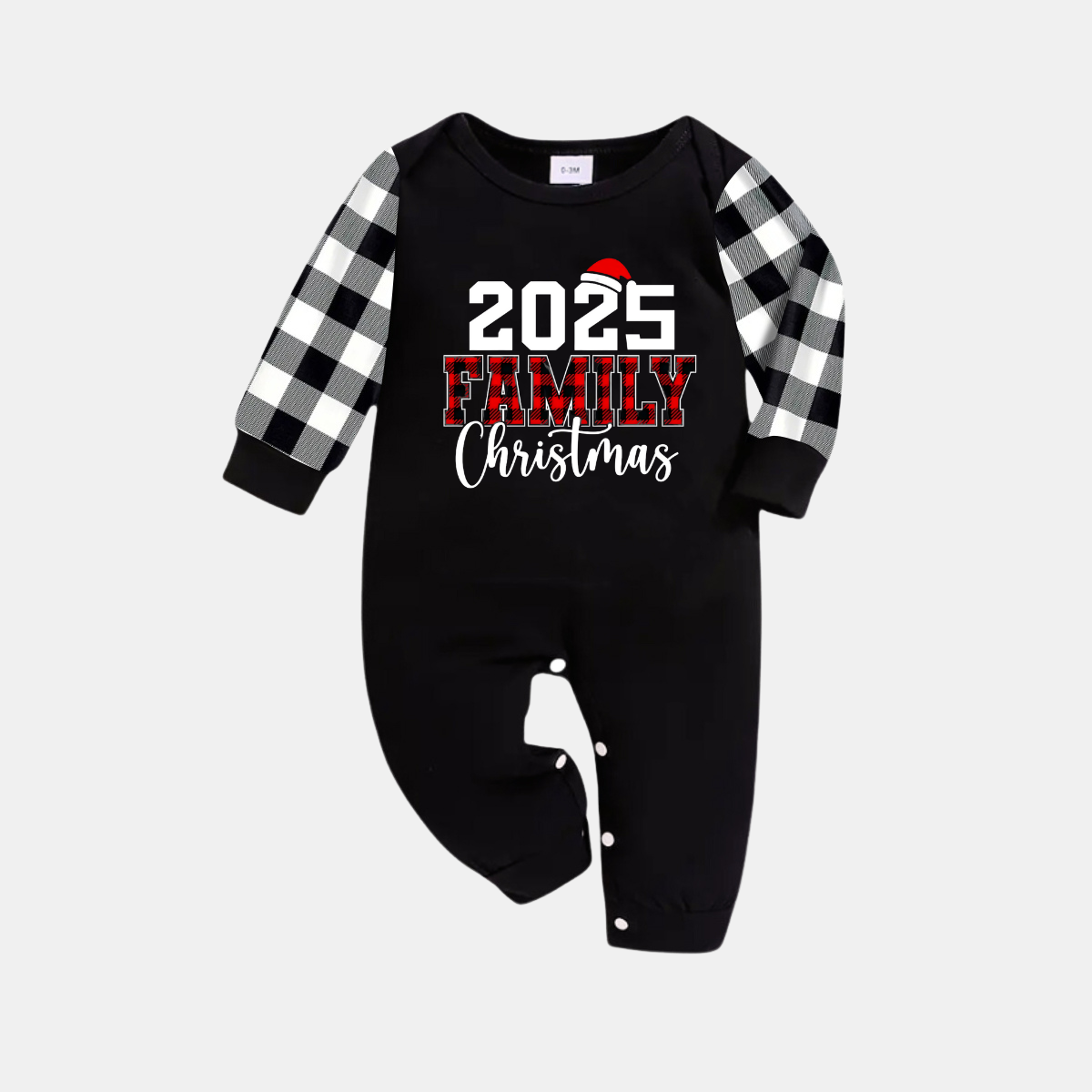 2025 Family Christmas Text Print Black Long Sleeve Top with Black And White Plaid Pants Family Matching Pajamas