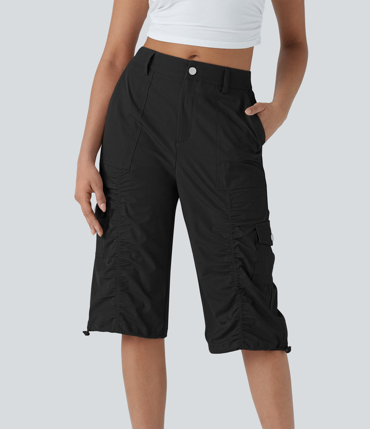 Mid-Rise Ruched Cargo Quick-Dry Casual Pedal Pusher Pants with Pockets