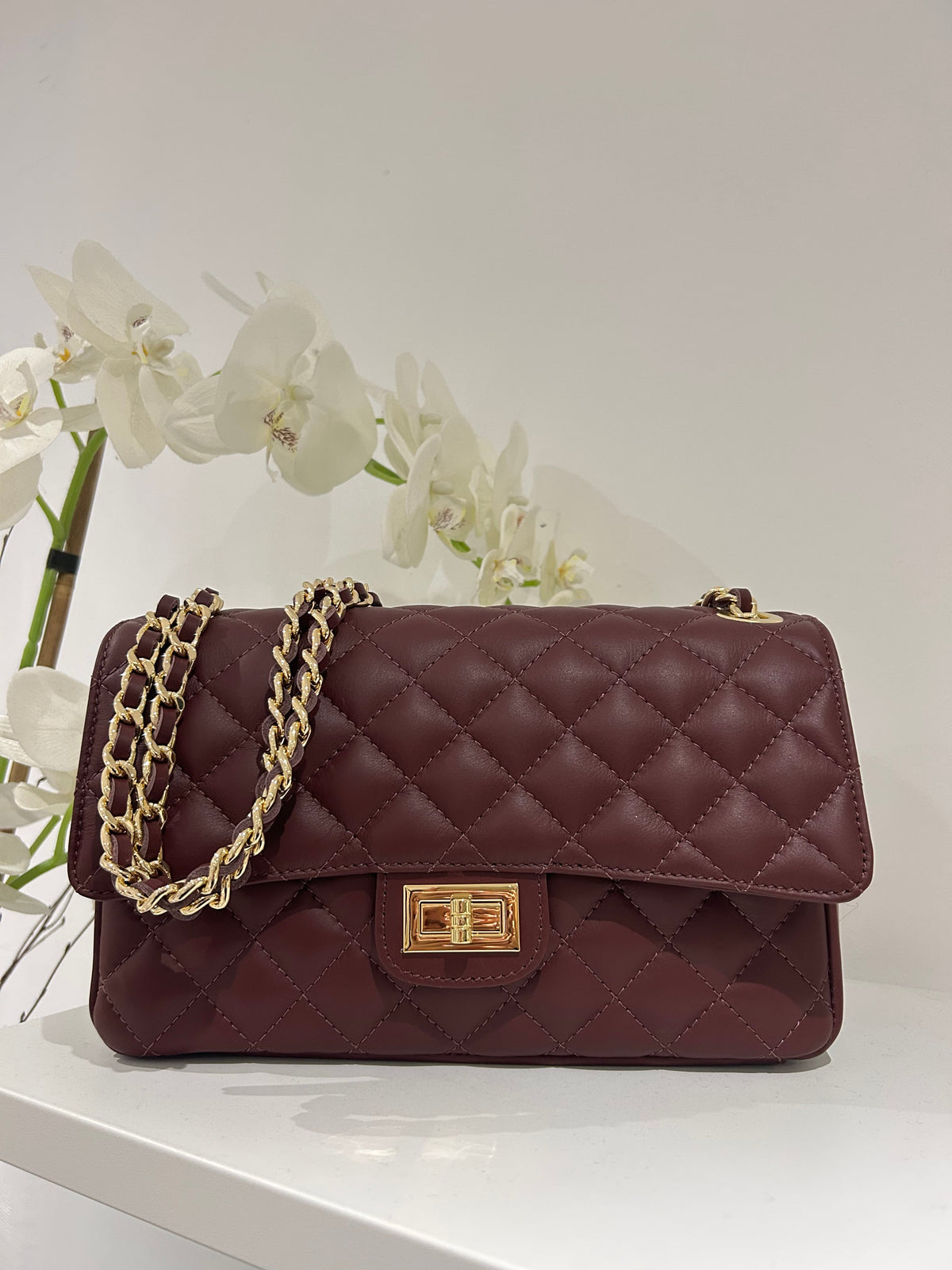 Large Genuine Leather Quilted Turn Lock Chain Handle Handbag (8 Colours)
