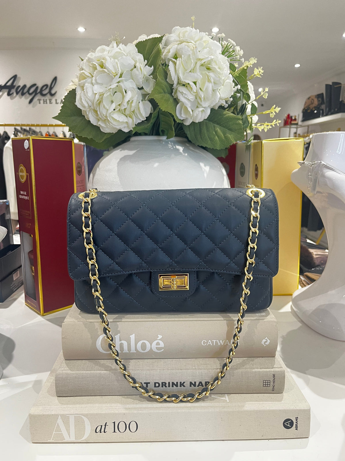 Large Genuine Leather Quilted Turn Lock Chain Handle Handbag (8 Colours)