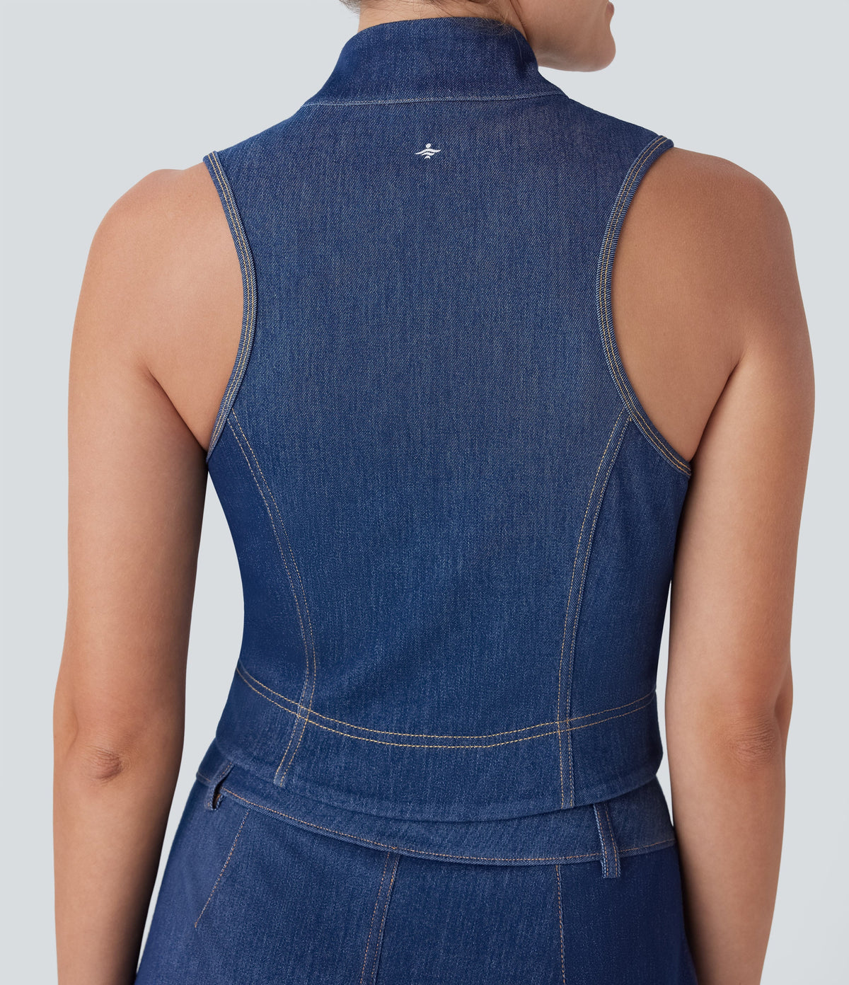 FlexTM Stand Collar Zipper Cool Touch Washed Denim Tennis Tank Top