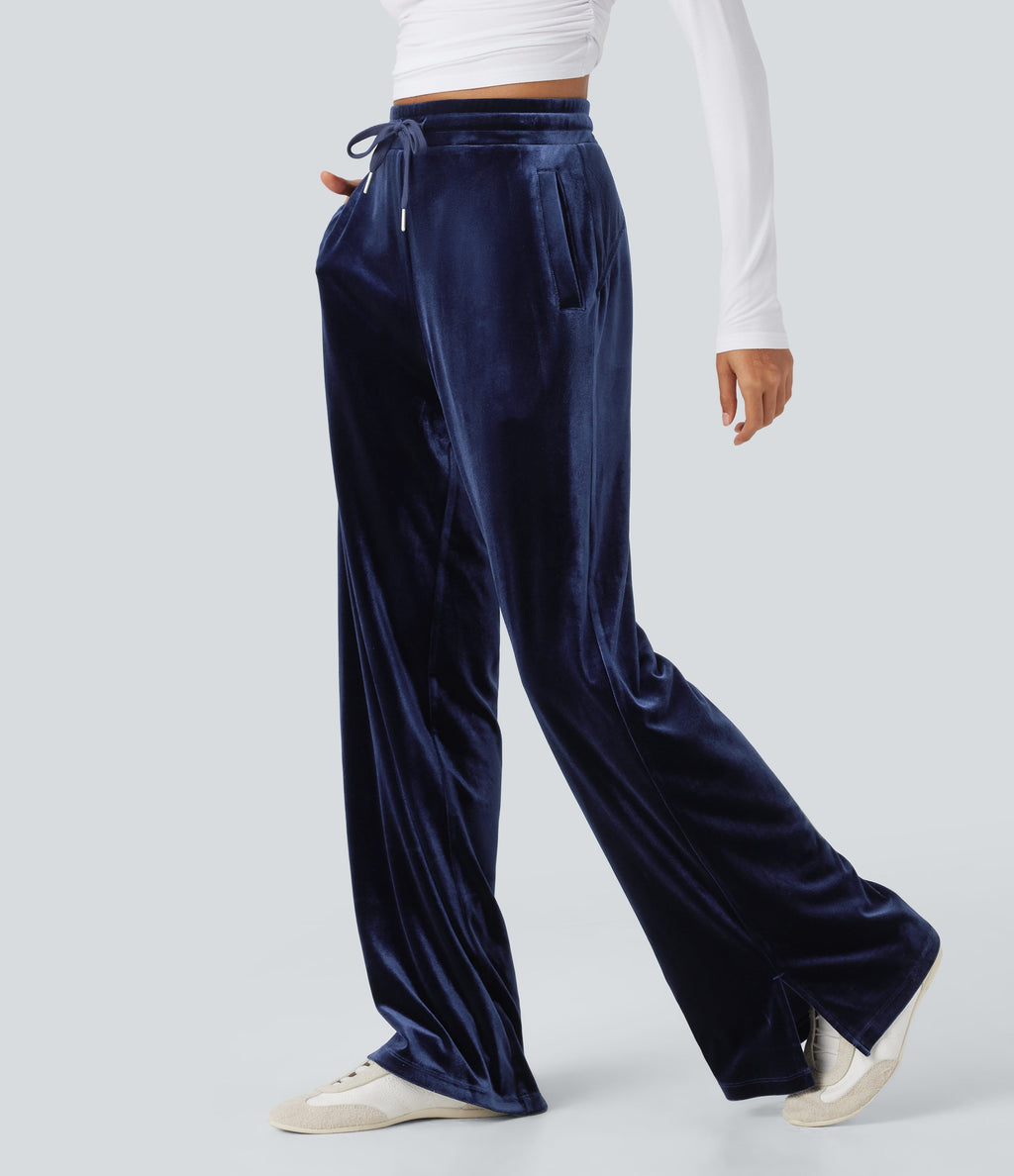 High Waisted Drawstring Wide Leg Velvet Casual Pants with Pockets
