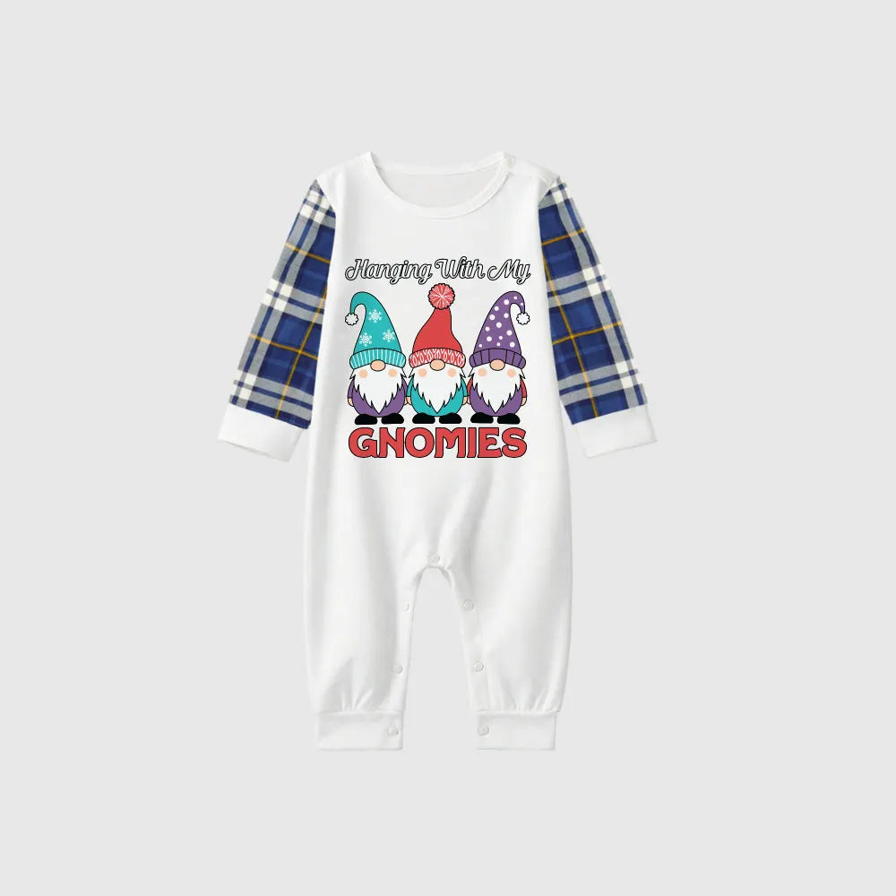 Christmas Family Matching Pajamas-Blue Raglan Top Blue Plaid Pants Pjs Set with Gnome and "Hanging With My Gnomies" Print
