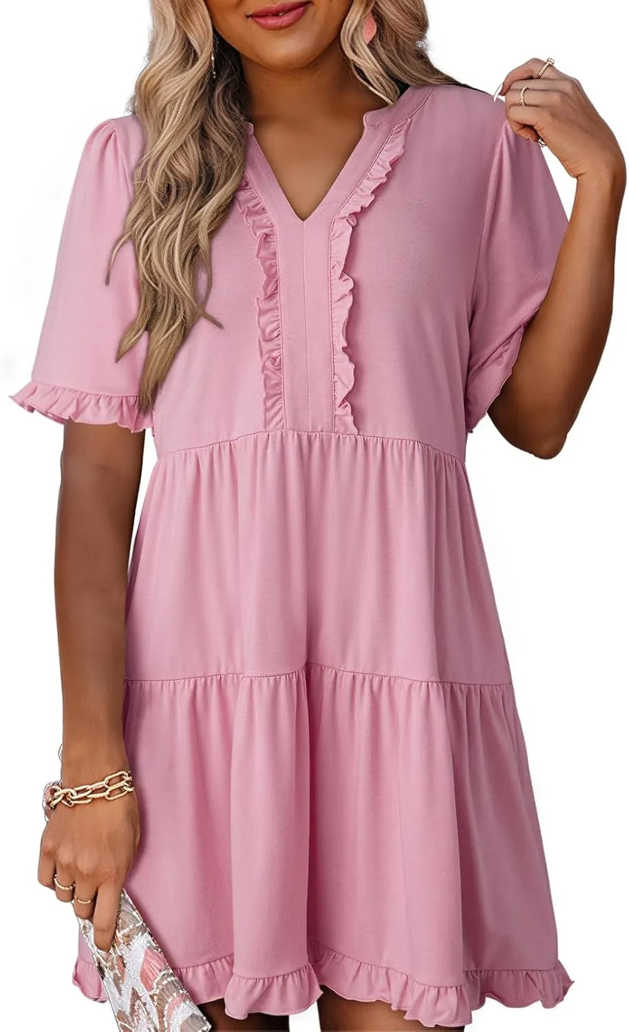 Womens Dresses 2025 Summer Spring V Neck Short Sleeve Casual A Line Flowy Swing Shift Dress Mini Dress