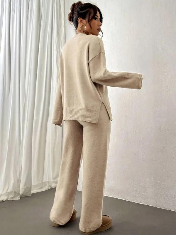 Women's Solid Drop Shoulder Split Hem Sweater & Elastic Waist Straight Leg Pants Two-piece Set, Casual Fashion Cozy Knitwear Set for Daily Outdoor Wear, Women Knitwear for Fall & Winter, Womenswear