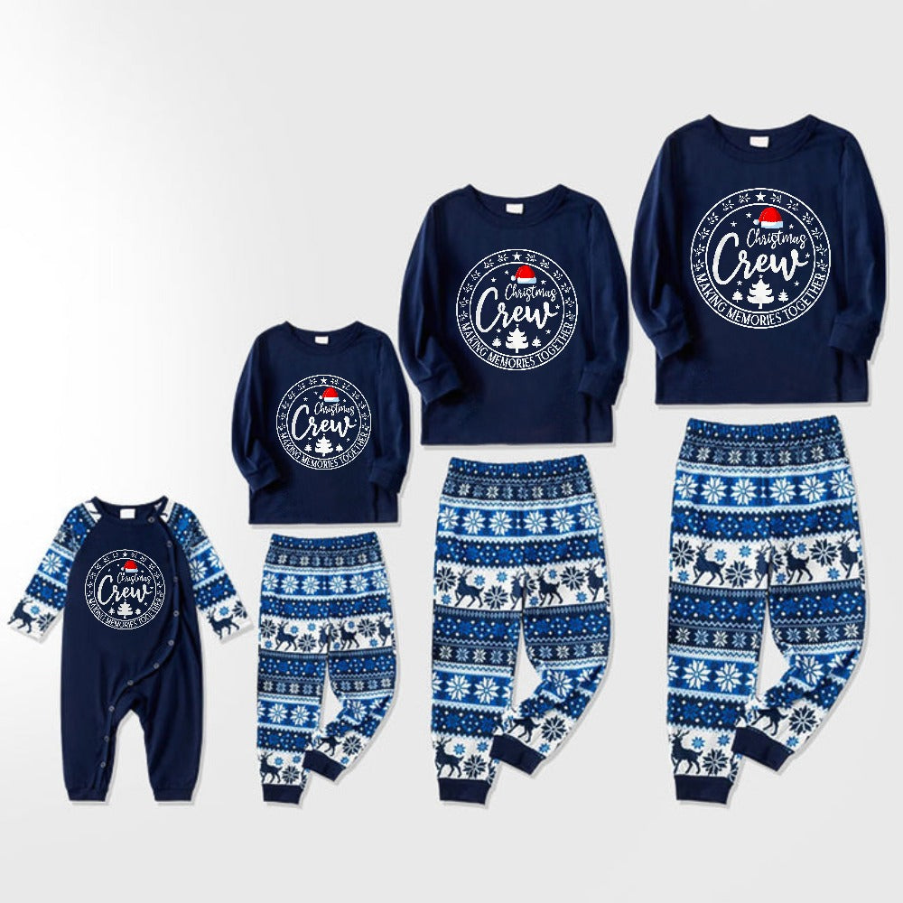 Joyful Blue Christmas Pajamas Set With Santa Hat and "Christmas Crew Making Memories Together" Print