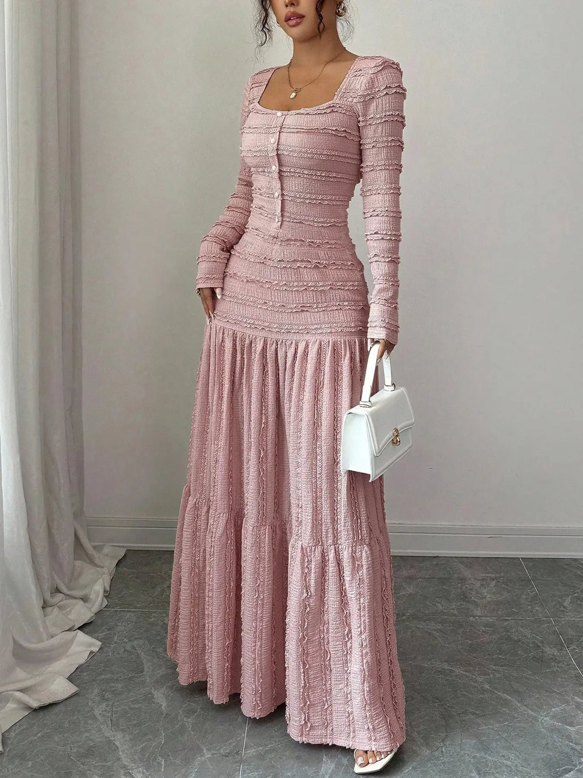 Women's Casual Elegant Party Sweet Cute Long Sleeve Square Neck Dress, Womenswear Stylish Ladies' Formal Evening Wear Elegant Gown, Perfect for Special Occasions Valentine's Day, Sweet And Cute