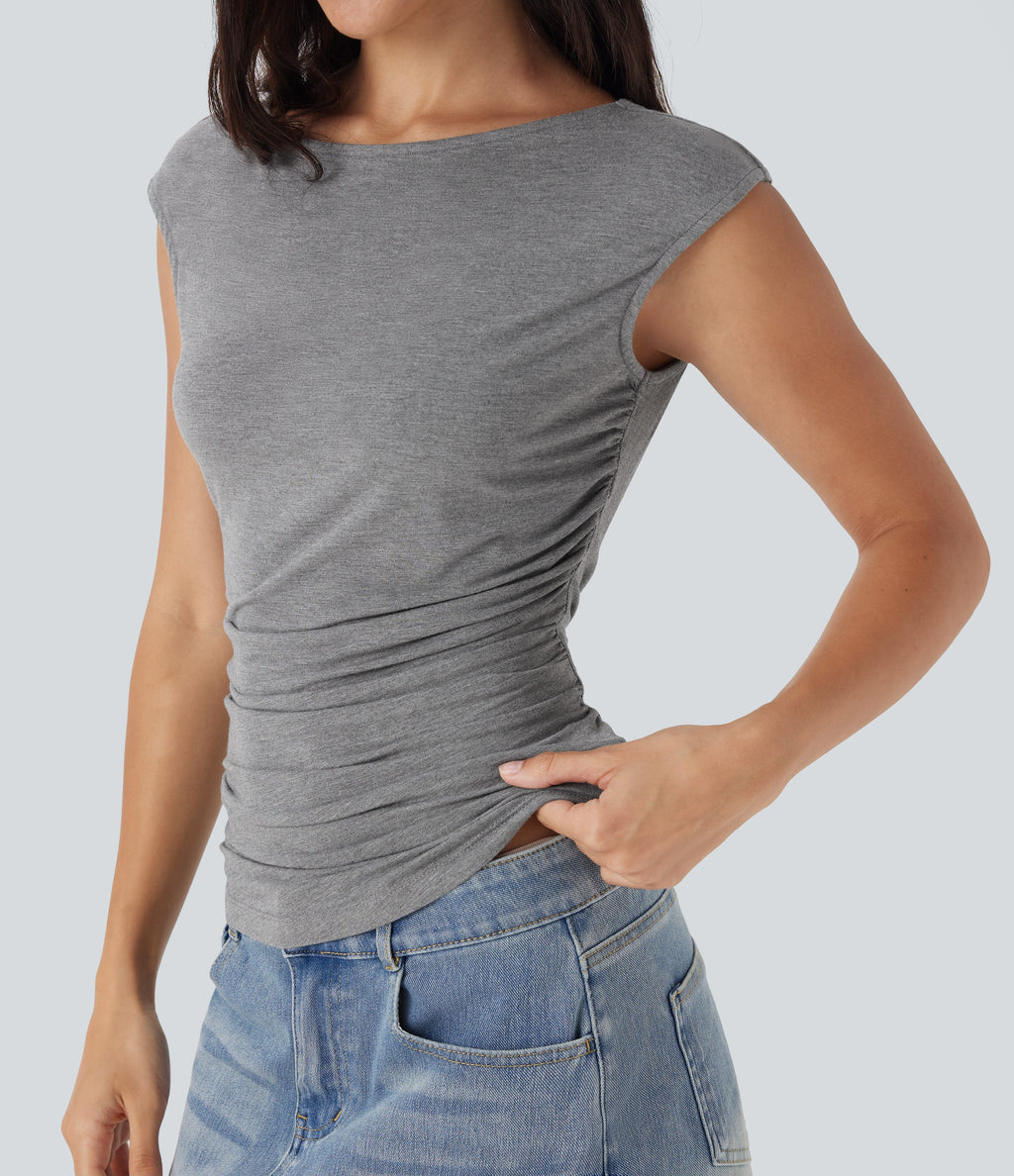 Boat Neck Cap Sleeve Ruched Casual Top