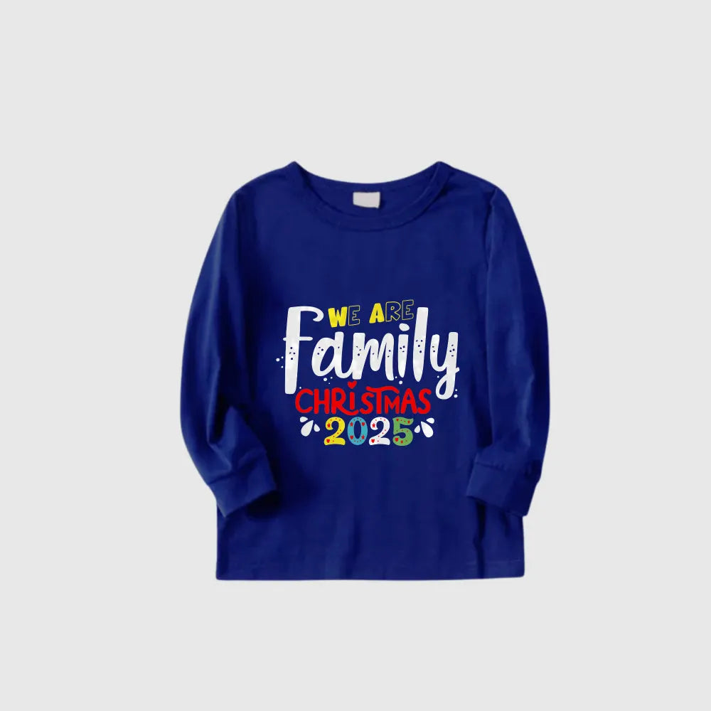 Christmas Family Matching Pajamas-Cozy Blue Pjs Set with "We Are Family Christmas 2025" Artistic Font Print