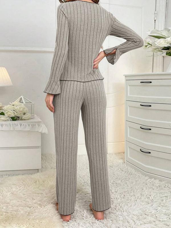 Women's Solid Lettuce Trim Top & Pants Loungewear Two-Piece Set, Casual Comfy Long Sleeve V Neck Top & Trousers PJ Set, Ladies Sleepwear for All Seasons
