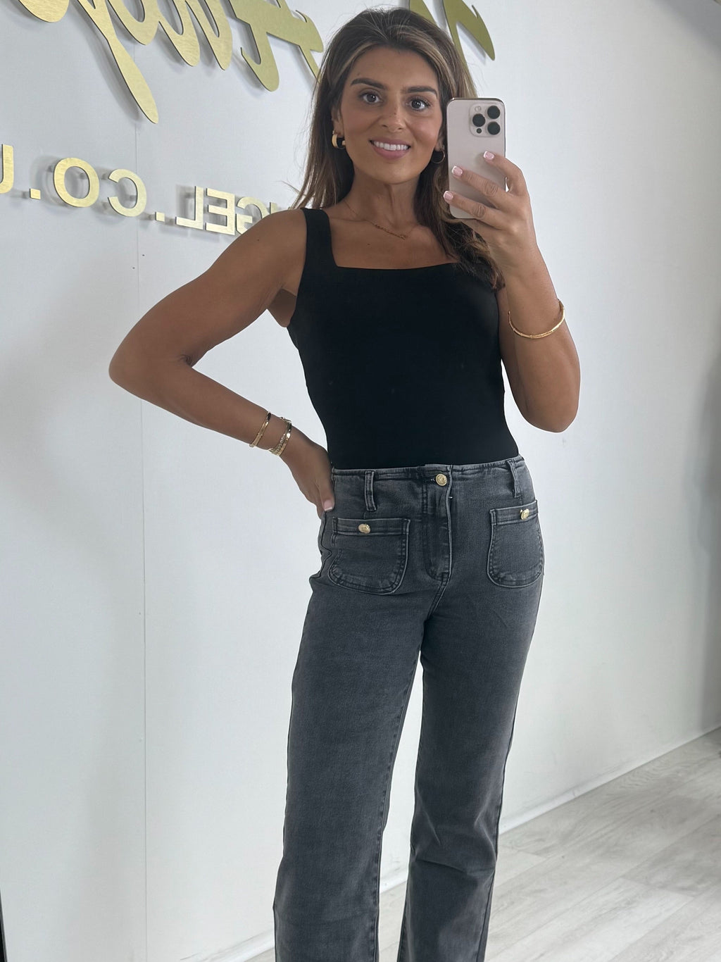 Front Pocket Gold Button Detailing Straight Leg Jeans (2 Colours)