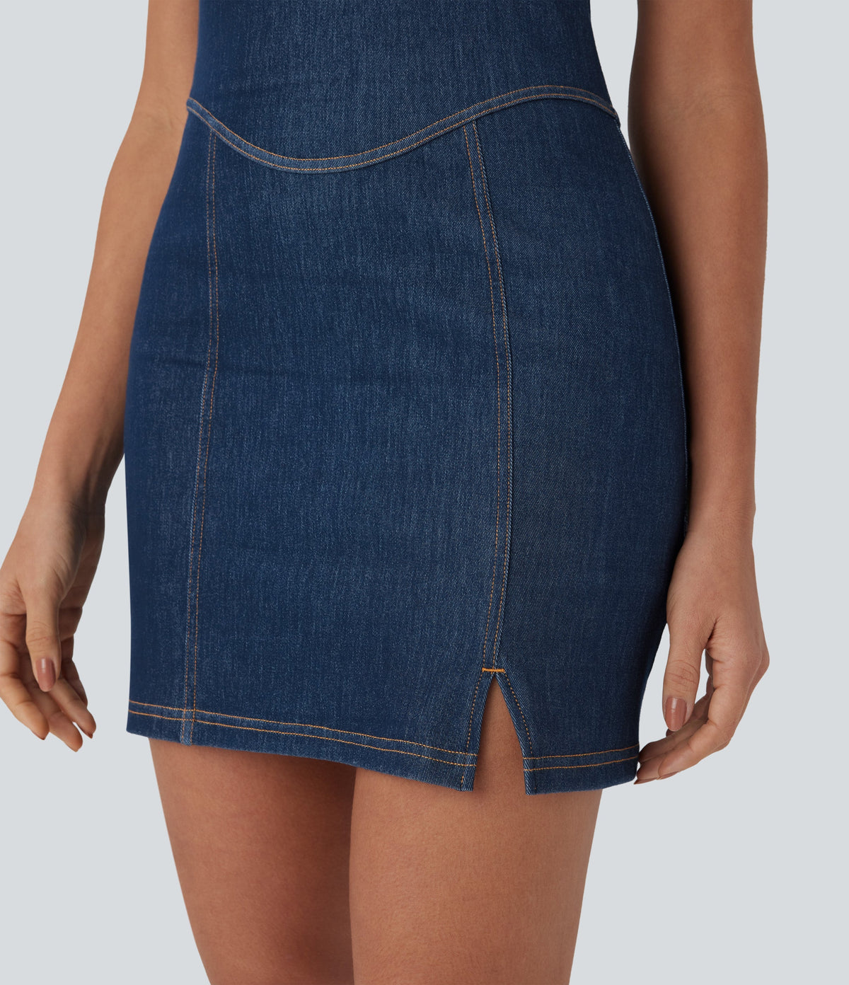 FlexTM Halter Bodycon 2-Piece Cool Touch Washed Denim Mini Tennis Active Dress with Pockets