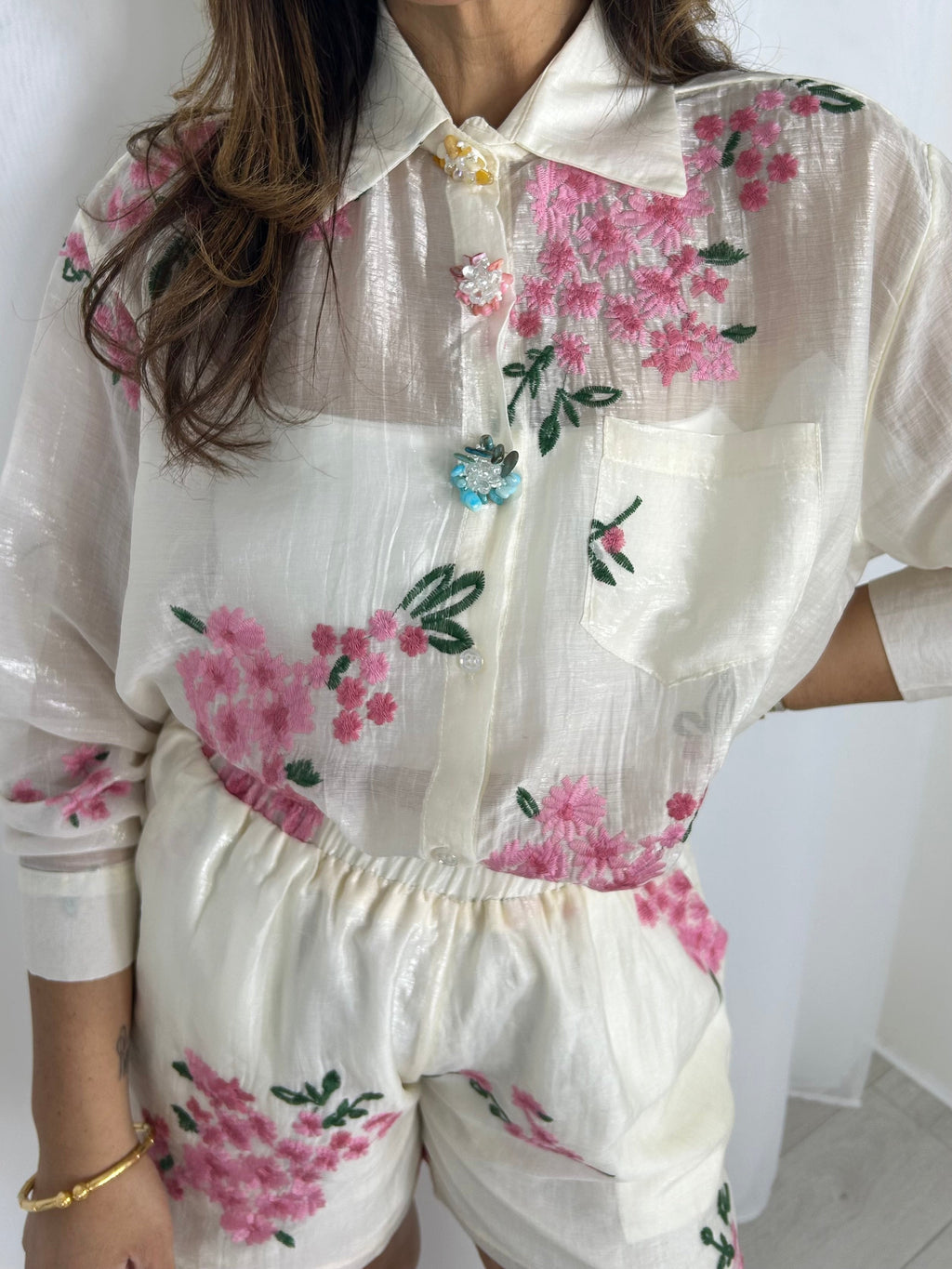 Jewelled Button Embroidered Flower Shorts Co-Ord