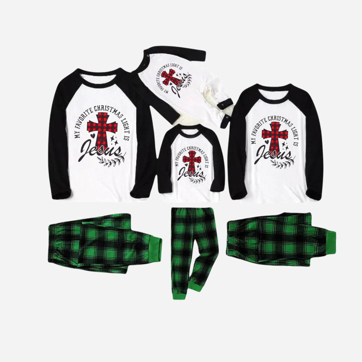 My Favorite Christmas Light Is Jesus Family Christmas Pajamas Set - Black and White Top with Green Plaid Pants
