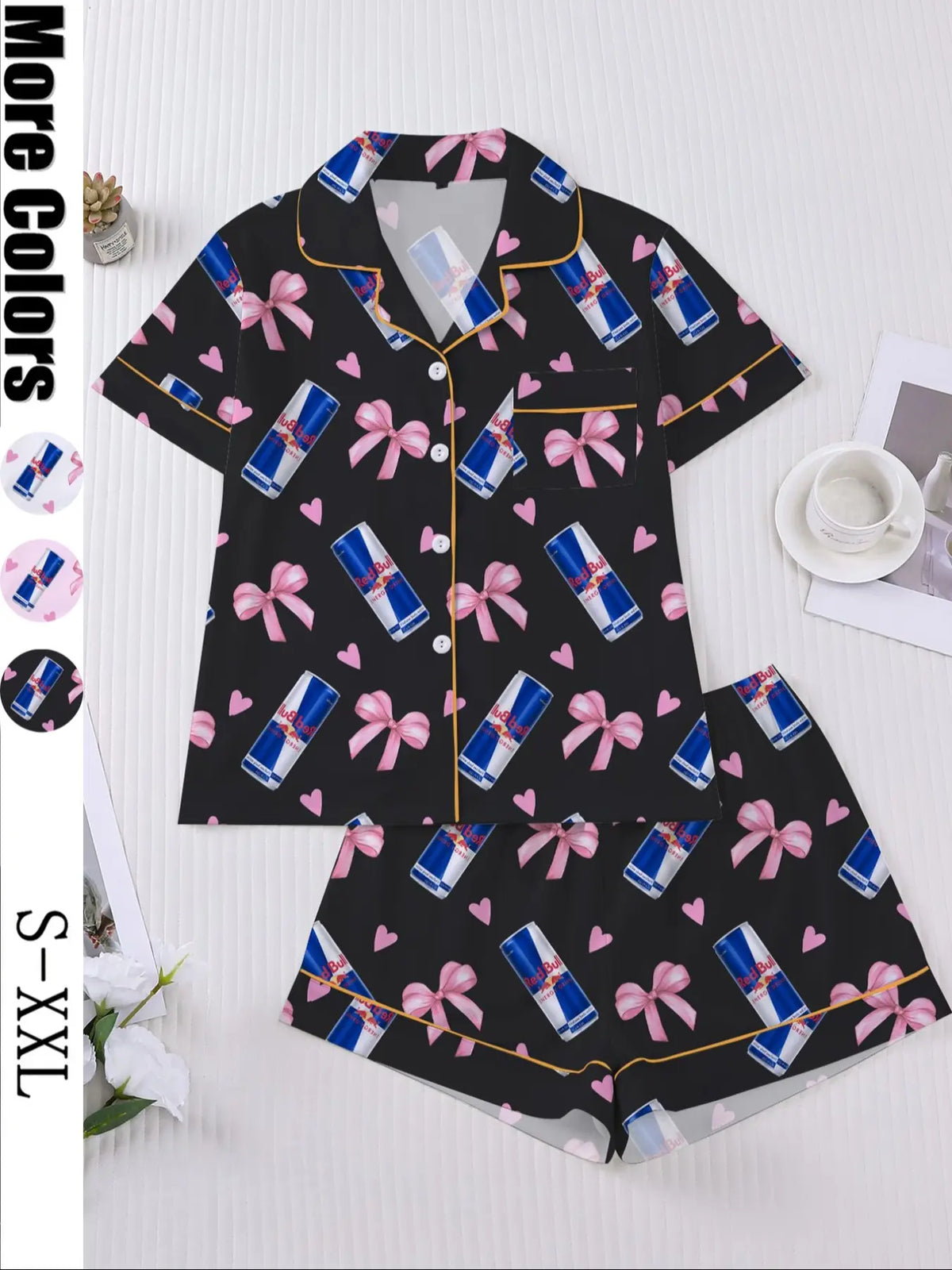 Women's Heart Bow Print Sleepwear Set, Short Sleeve Button-Up Top & Elastic Shorts, Casual Home Wear, Party