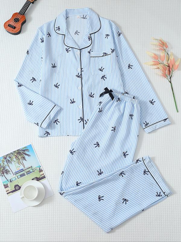 Women's Striped Bow Print Long Sleeve Pajama Set, Sweet Cute Button Front Top and Pants, Casual Home Wear for All Seasons