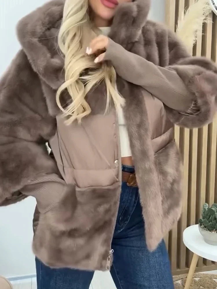 Women Hooded Plush Patchwork Casual Coat