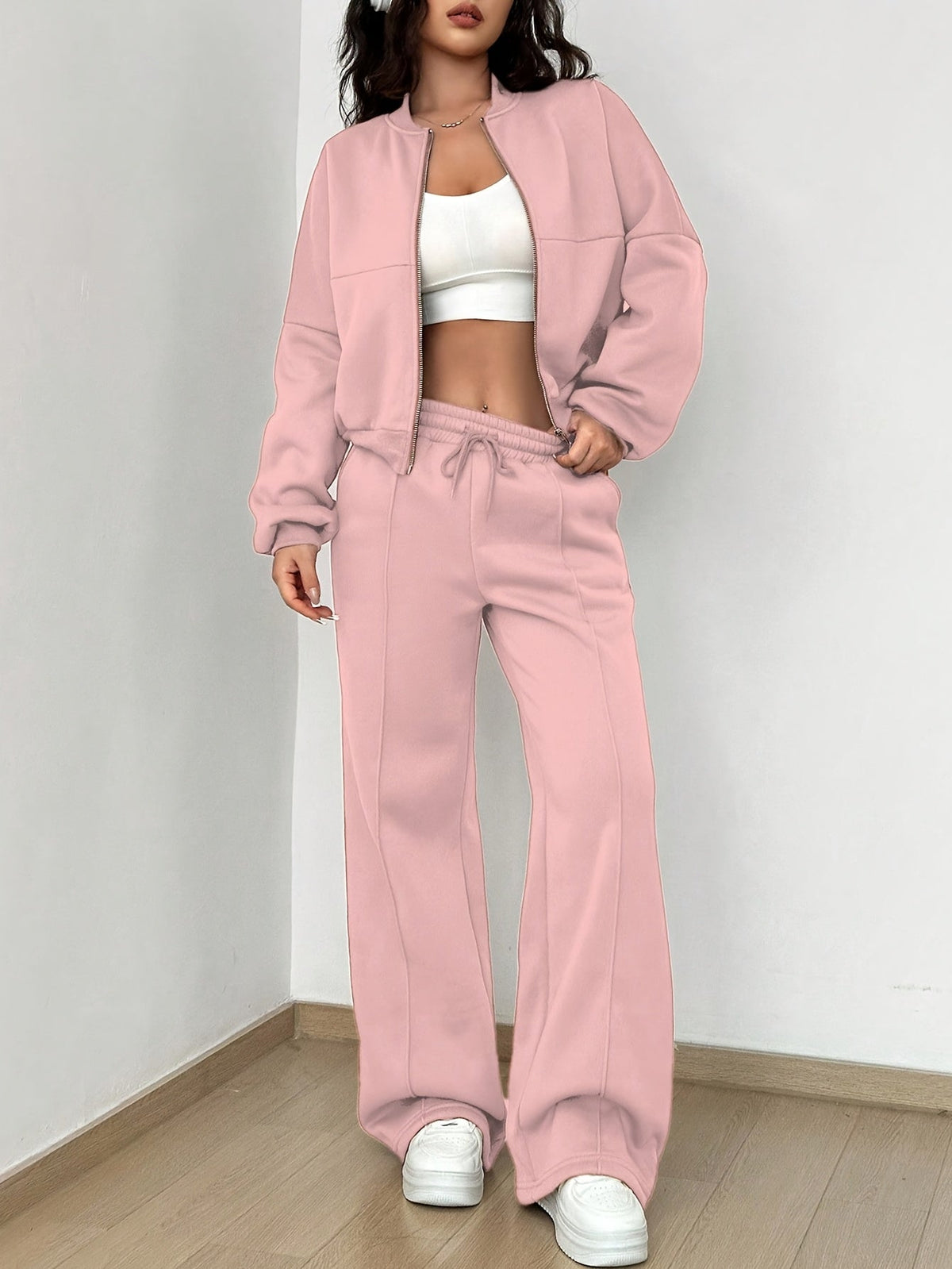 Zip-up Collarless‌ Cardigan Pants Set