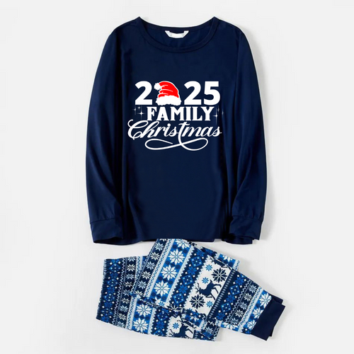 "2025 Family Christmas" Letter Print Blue Family Matching Pajamas Sets