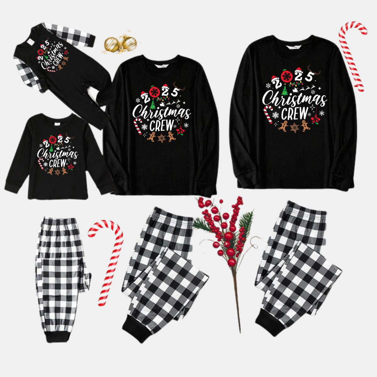 2025 Christmas Crew Making Memories Together Text Print Black Long Sleeve Top with Black And White Plaid Pants Family Matching Pajamas