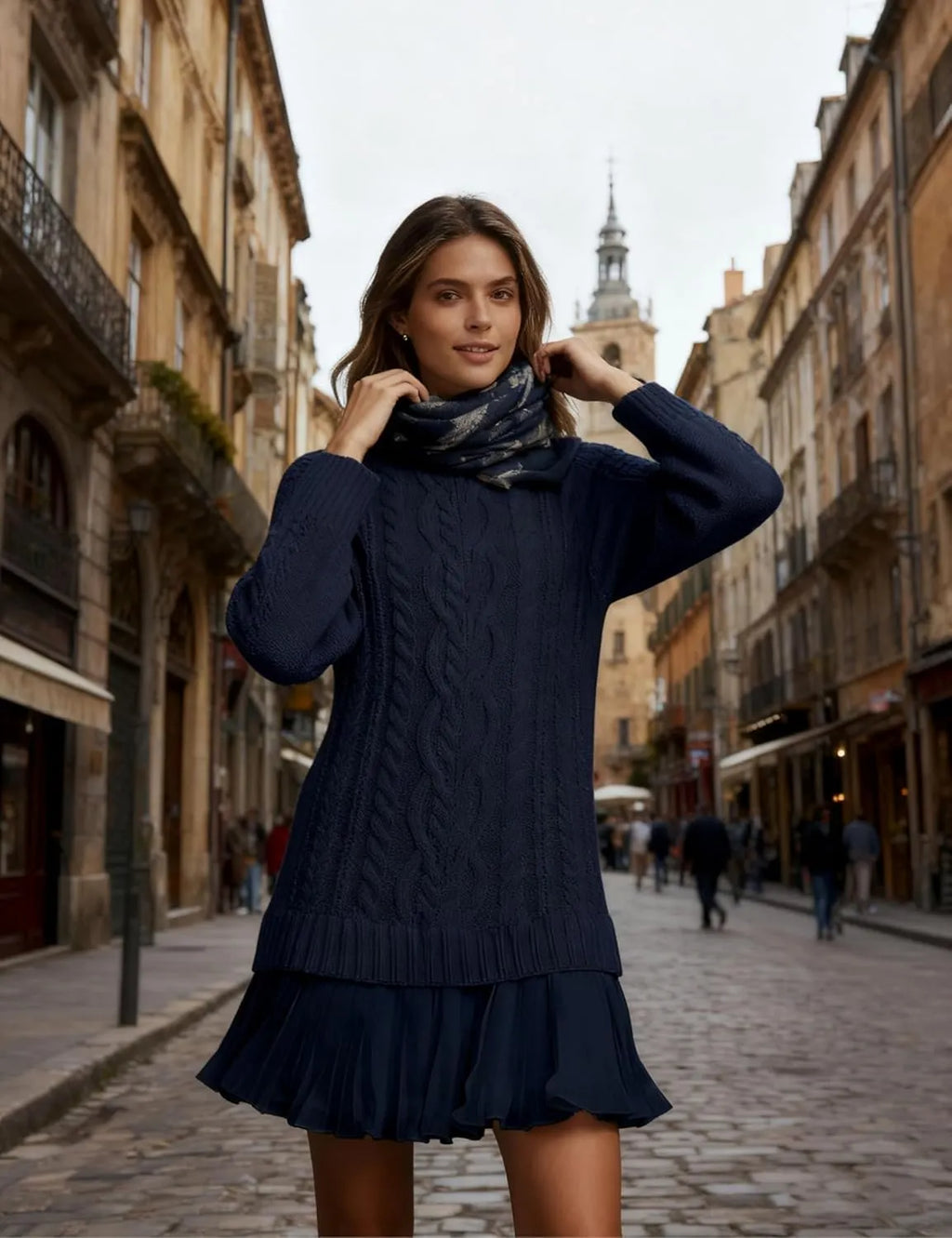 Women Cable Knit Sweater Dress Crewneck Long Sleeve Pleated Mini Dress Twofer Style Patchwork Dress