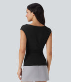 Boat Neck Cap Sleeve Ruched Casual Top