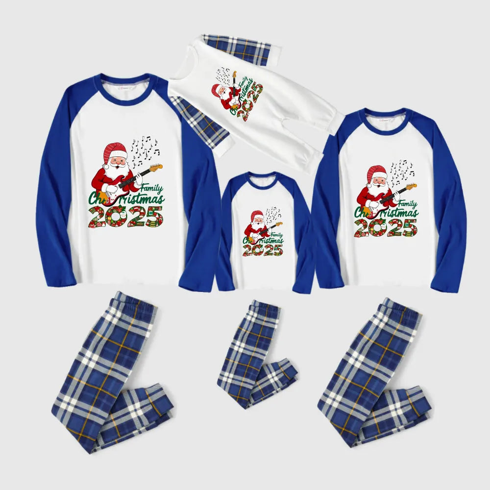 Christmas Family Matching Pajamas-Blue Raglan Top Blue Plaid Pants Pjs Set with Santa and "Family Christmas" Letter Print