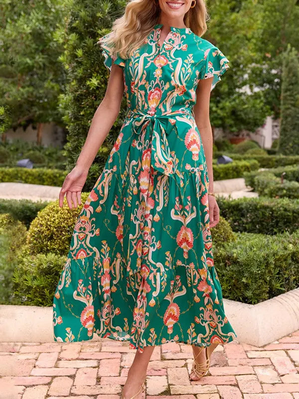 NEW🔥 Ruffle Button Tie Waist Printed Dress- Tax Free