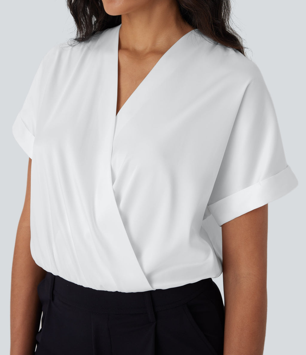 Crossover V-Neck Batwing-Sleeve Snap Satin Work Bodysuit