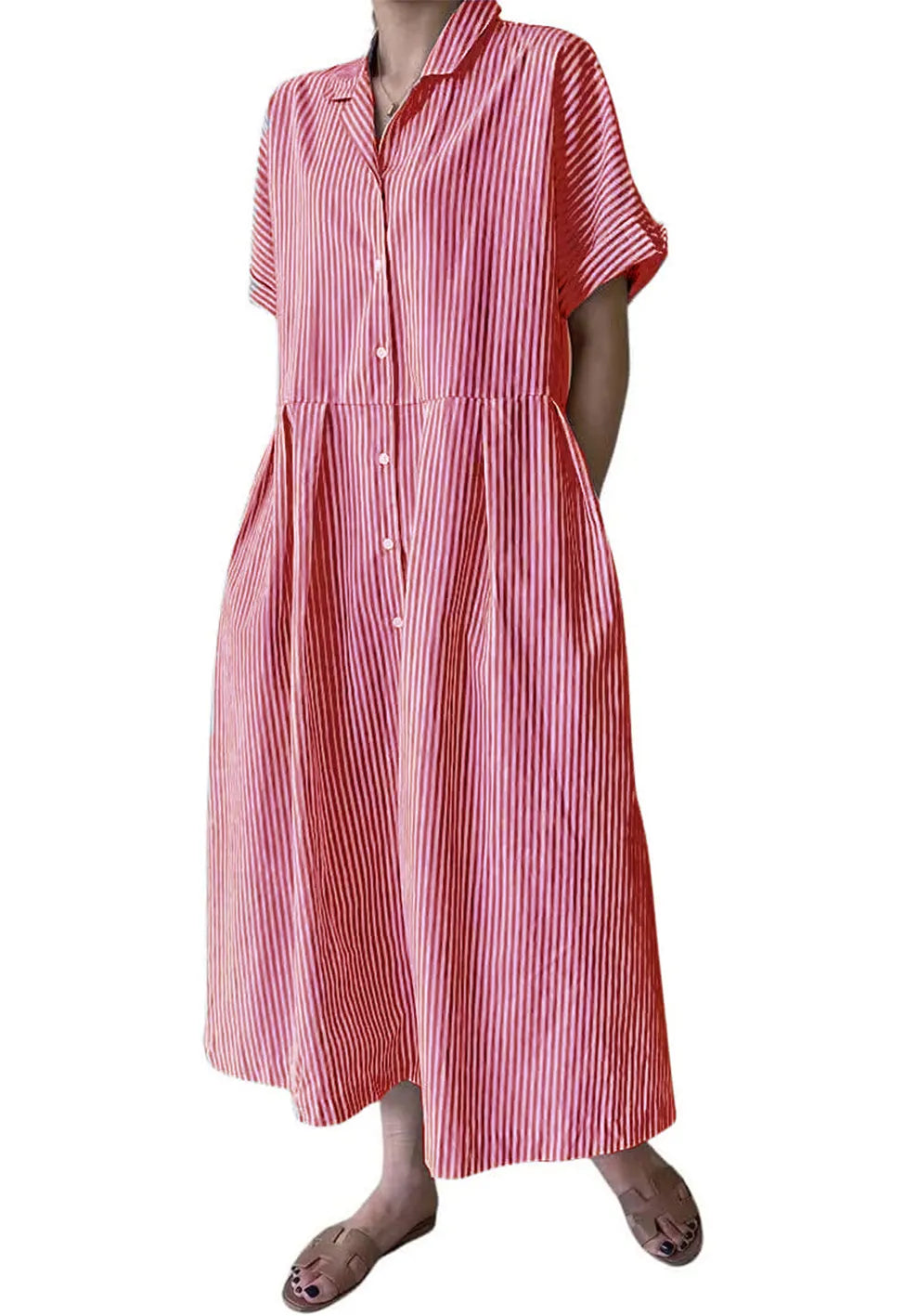 Women's Cotton Striped Shirt Dress Button Up Short Sleeve Midi Long Shift Dress with Pockets(Buy 2 free shipping)