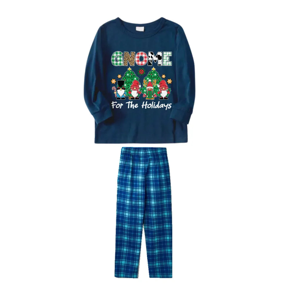 Christmas Family Matching Pajamas-Navy & Sky Blue Plaid Pjs Set with "Gnome For The Holidays" and Gnomies Cartoon Print