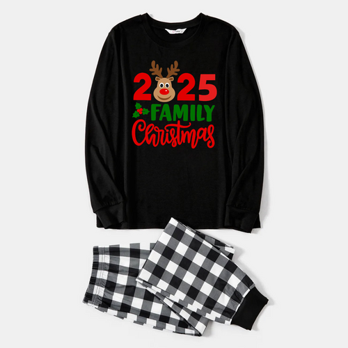"2025 Family Christmas" Moose Letter Print Black Long Sleeve Top with Black And White Plaid Pants Family Matching Pajamas