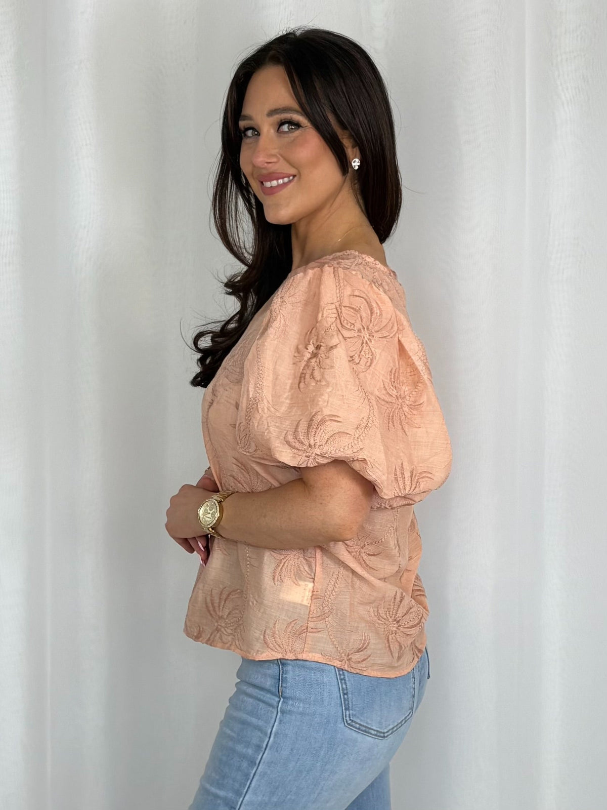Peach Embroidered Palm Tree Balloon Sleeve Top