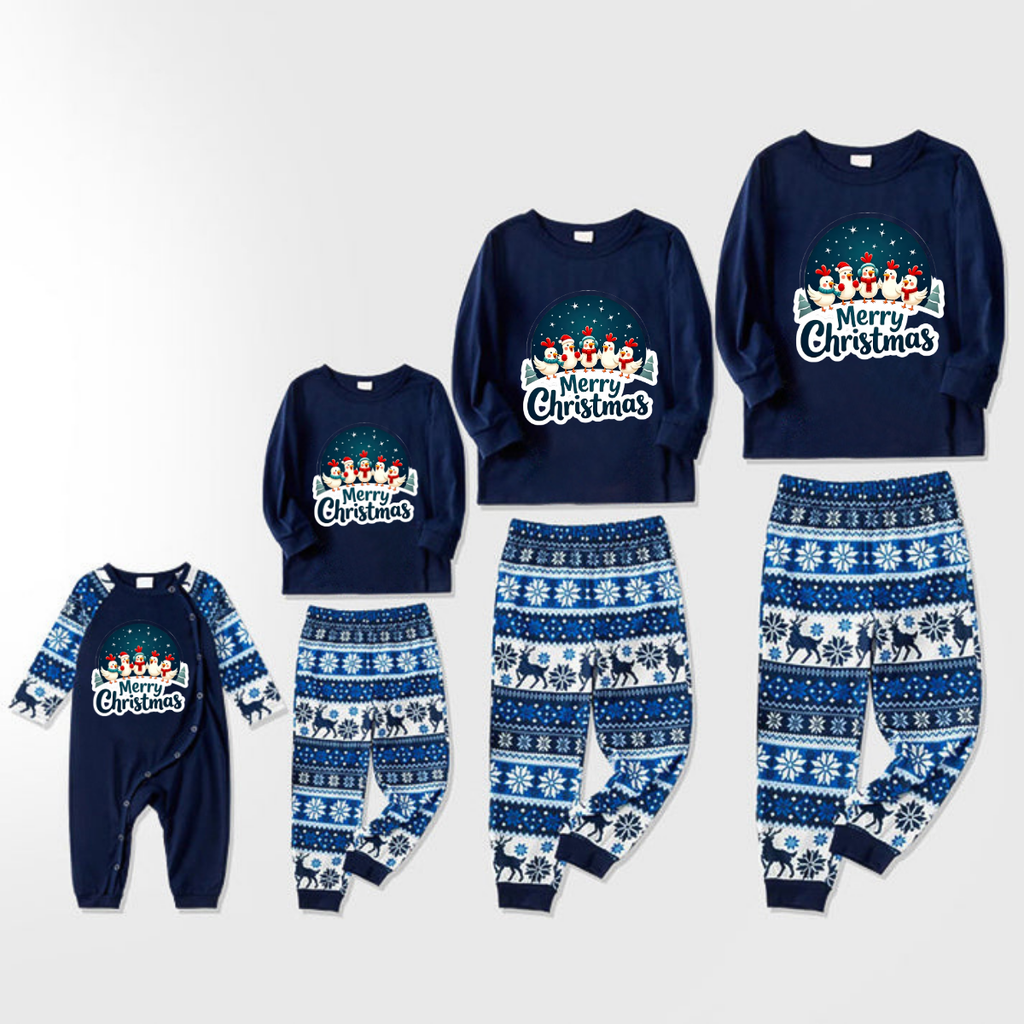 Joyful Blue Christmas Pajamas Set With Happy Chickens and "Merry Christmas" Text Print