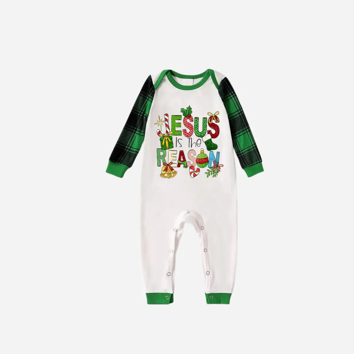 Christmas Cartoon Family Christmas Pajamas Set - White Top with Green Sleeves and Green Plaid Pants and “Jesus is the Reason” Design