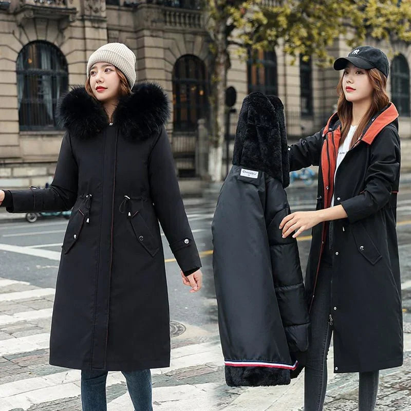 Women's winter parka with hood and fur collar