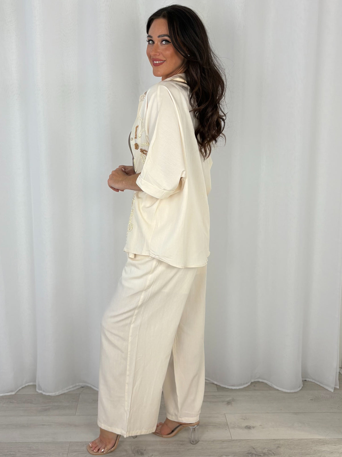 Palm Tree Beaded Detailing Shirt And Trouser Co-Ord