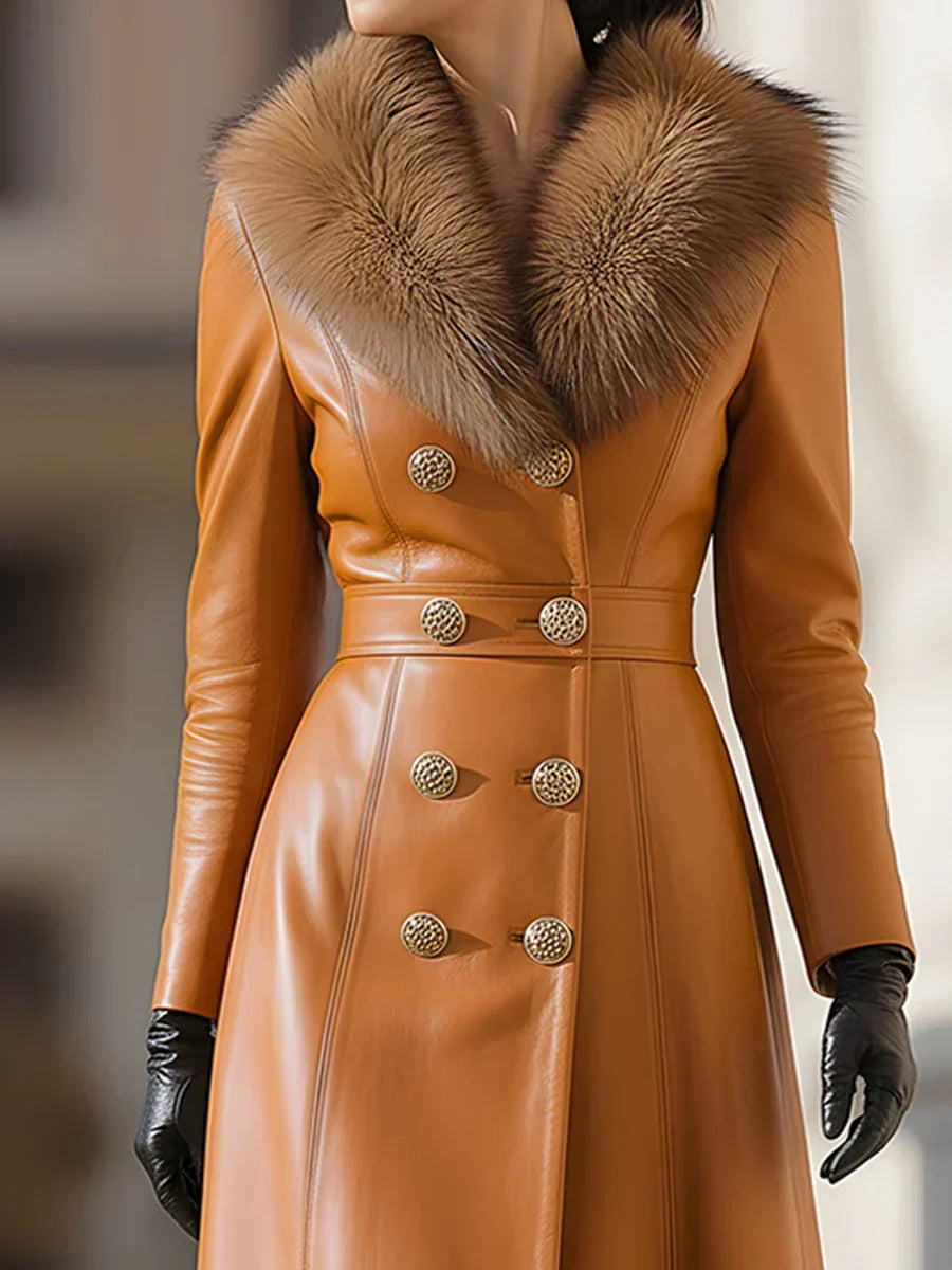 Caramel Leather Double-Breasted Coat With Fur Collar