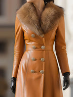 Caramel Leather Double-Breasted Coat With Fur Collar