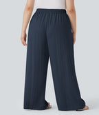 High Waisted Drawstring Linen-Feel Wide Leg Casual Plus Size Pants with Pockets