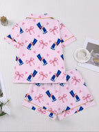 Women's Heart Bow Print Sleepwear Set, Short Sleeve Button-Up Top & Elastic Shorts, Casual Home Wear, Party