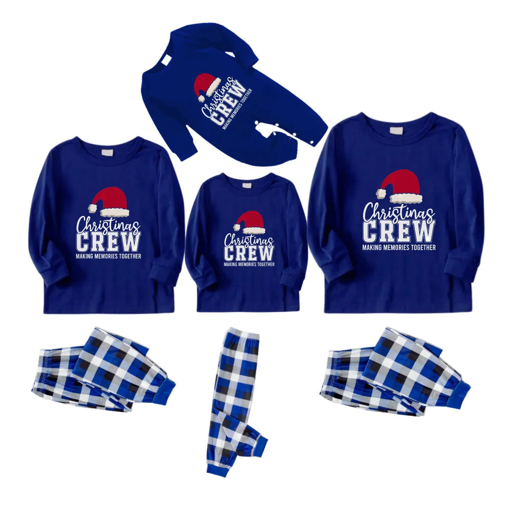 Christmas Family Matching Pajamas-Navy & White Plaid Pjs Set with "Christmas Crew Making Memories Together" and Santa Hat Pattern Print