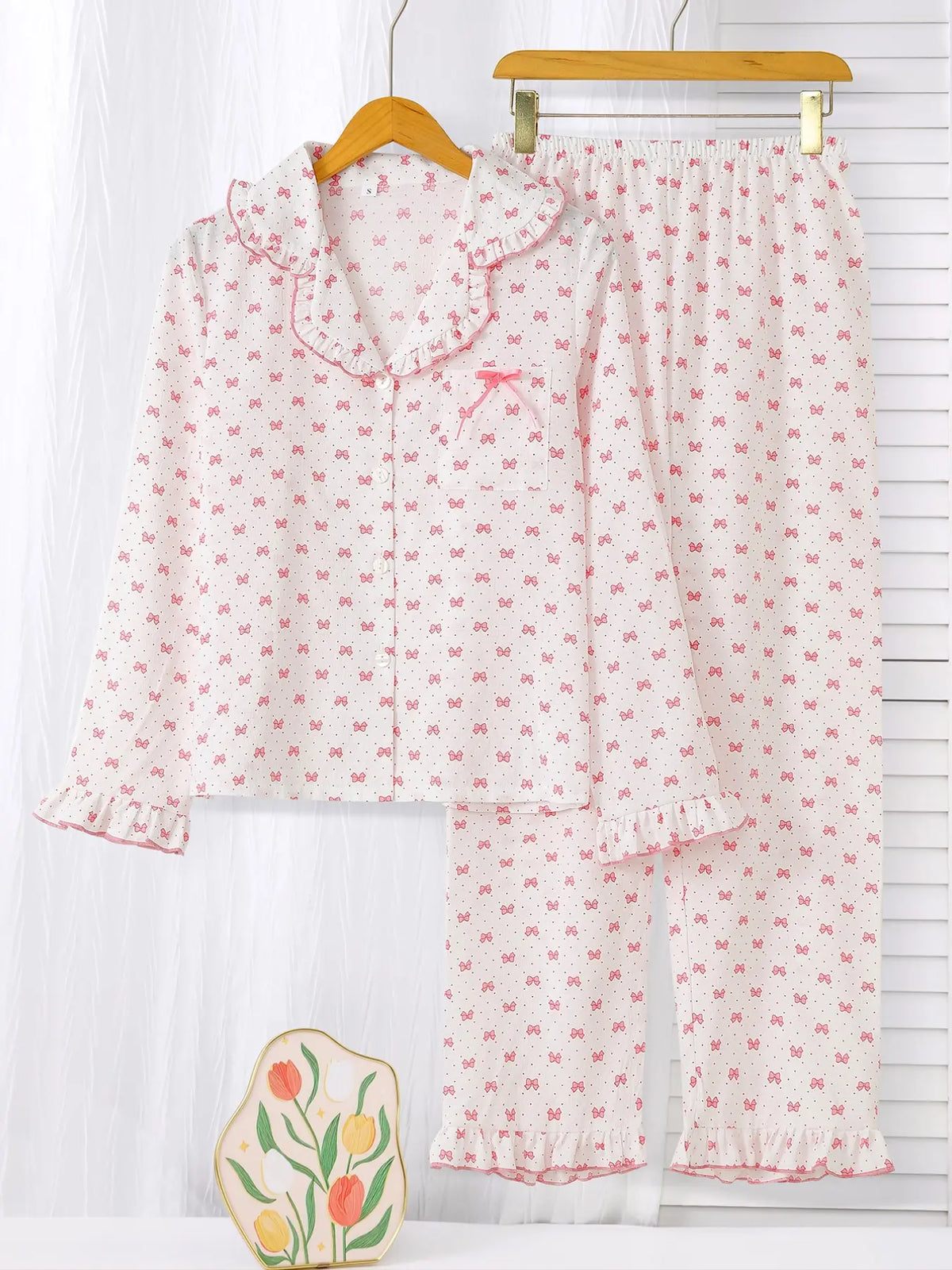Women's Sleepwear Set, Breathable Striped Bow Design, Sweet & Fashionable Home Wear, Comfortable Nightgown for Women, Homewear