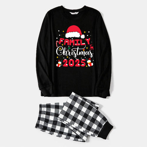 "2025 Family Christmas" Text and Christmas Pattern Black and White Plaid Family Matching Pajamas