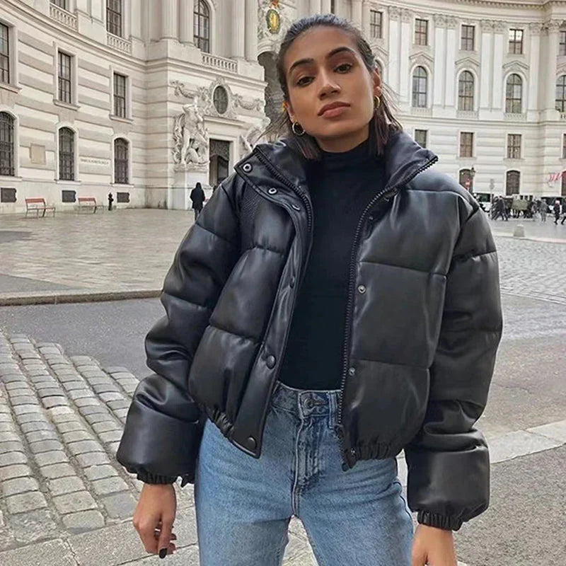 PU leather quilted jacket for women