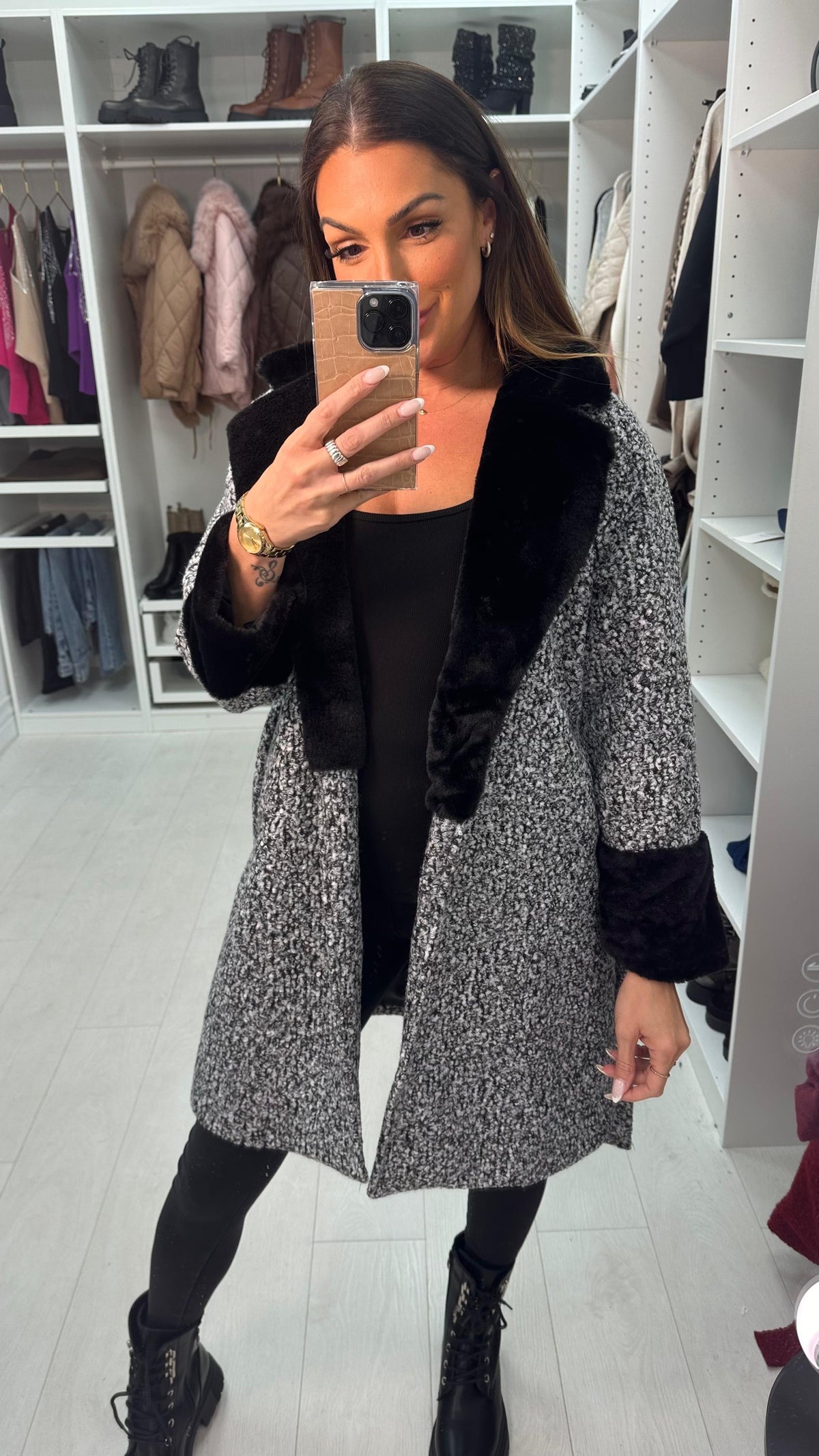 Pamy Boucle Faux Fur Detail Belted Coat