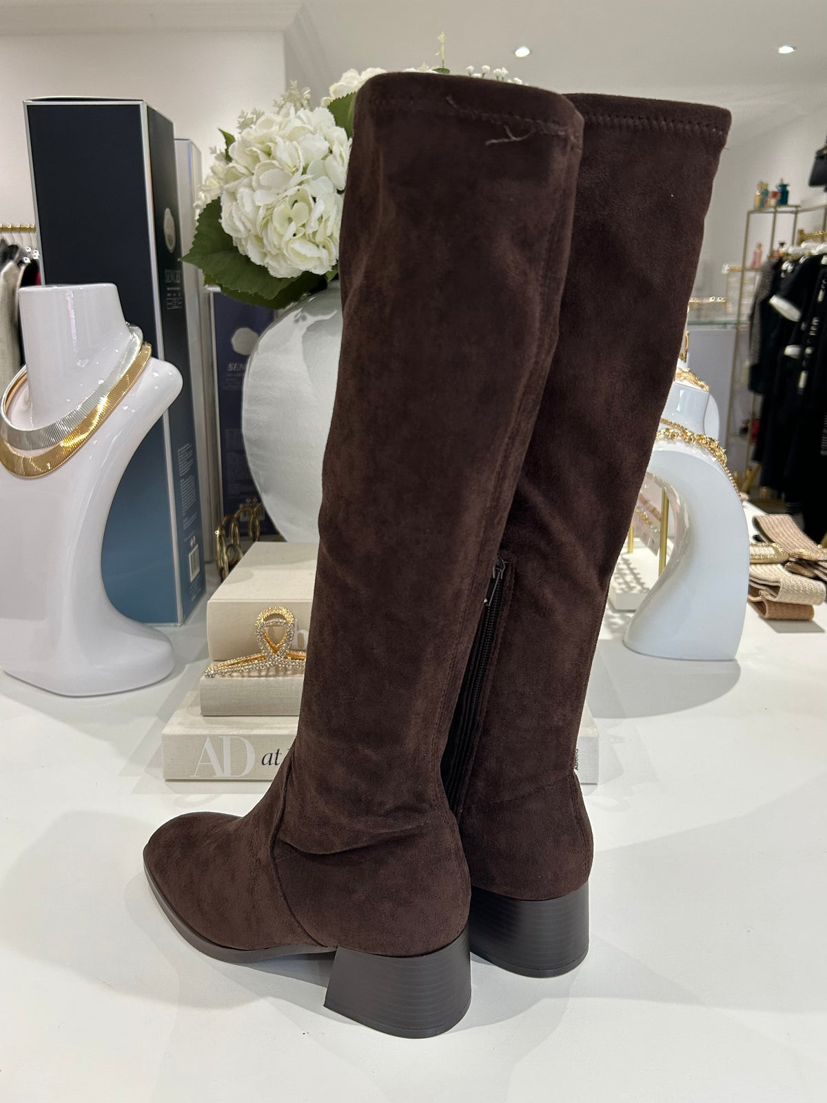 Faux Suede Knee Length Block Heel Boot (3 Colours)