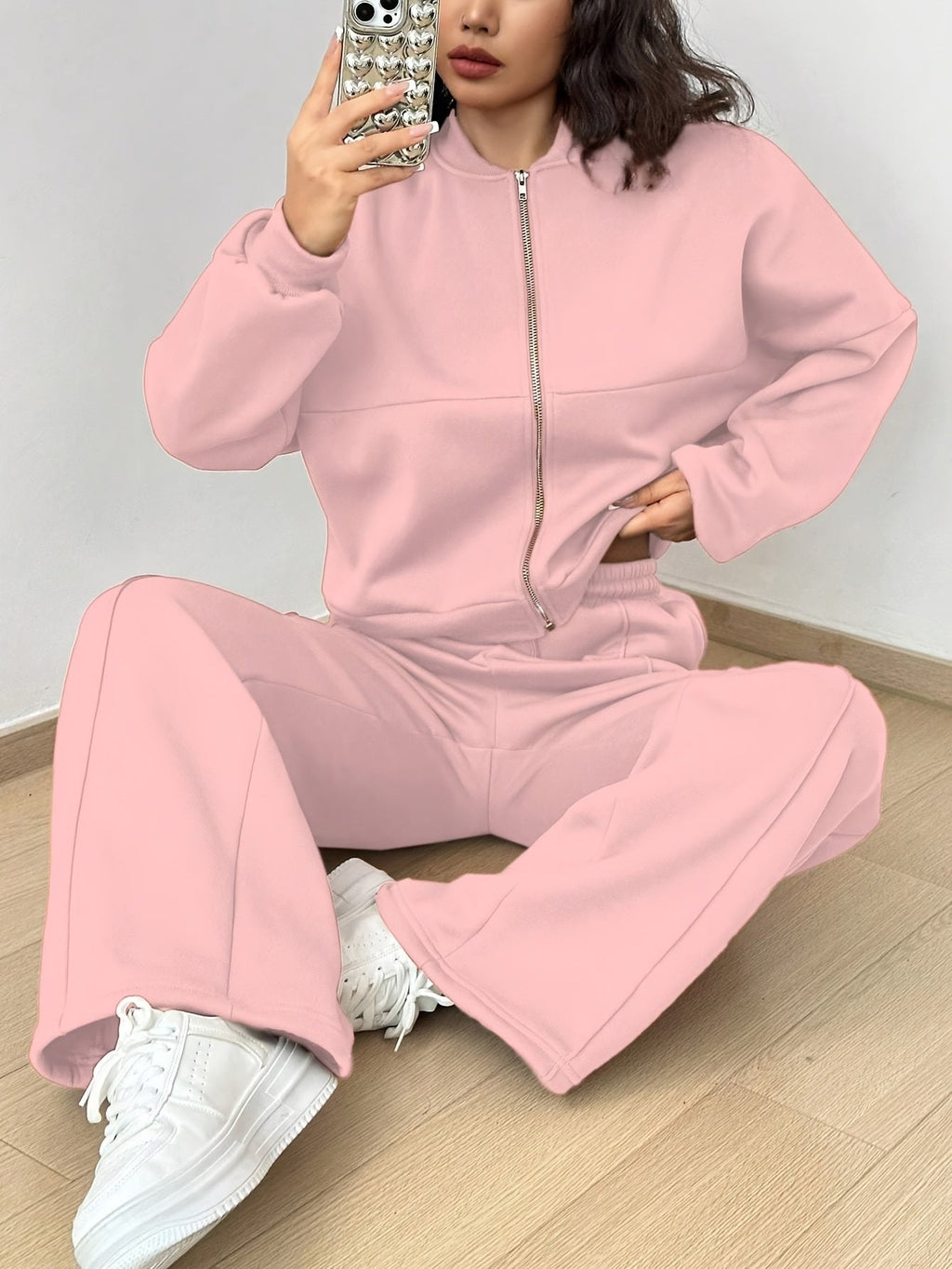 Zip-up Collarless‌ Cardigan Pants Set